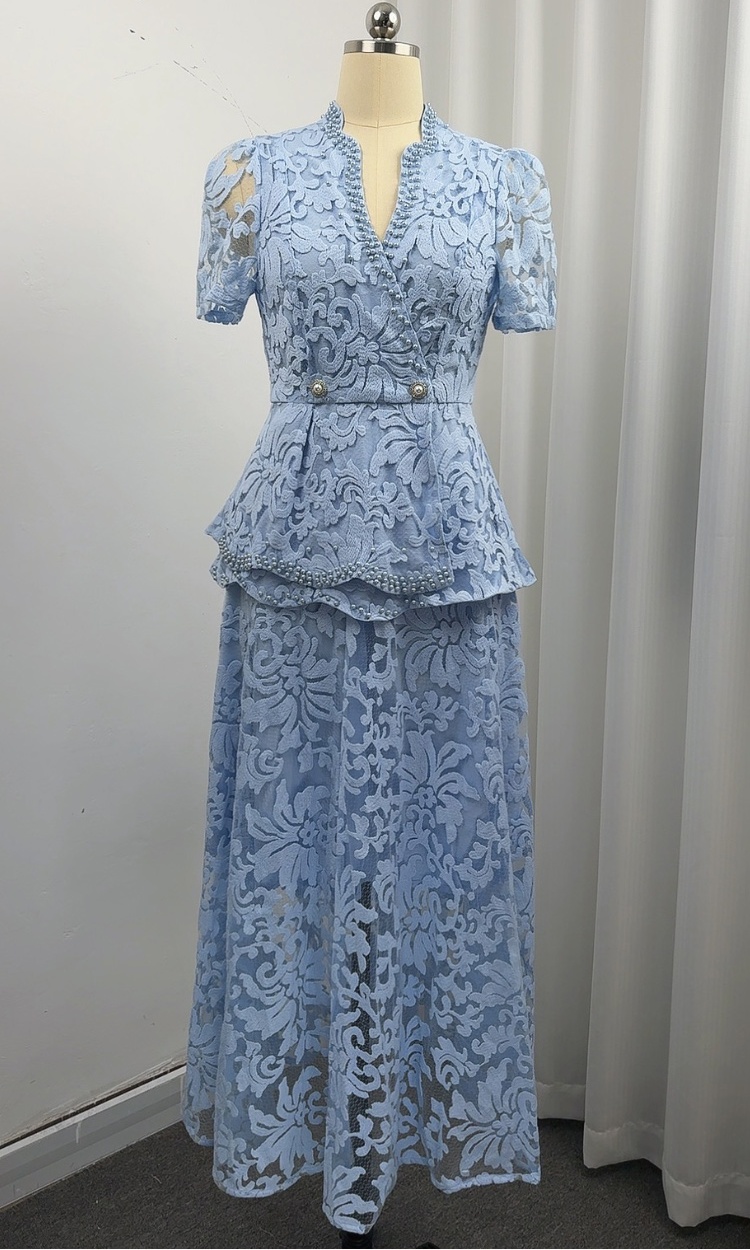 V-neck temperament elegant slim pinched waist dress 2pcs set