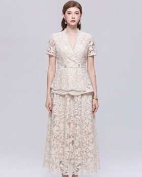 Temperament slim V-neck lace short sleeve dress 2pcs set