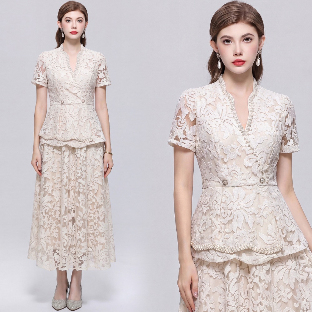 Temperament slim V-neck lace short sleeve dress 2pcs set