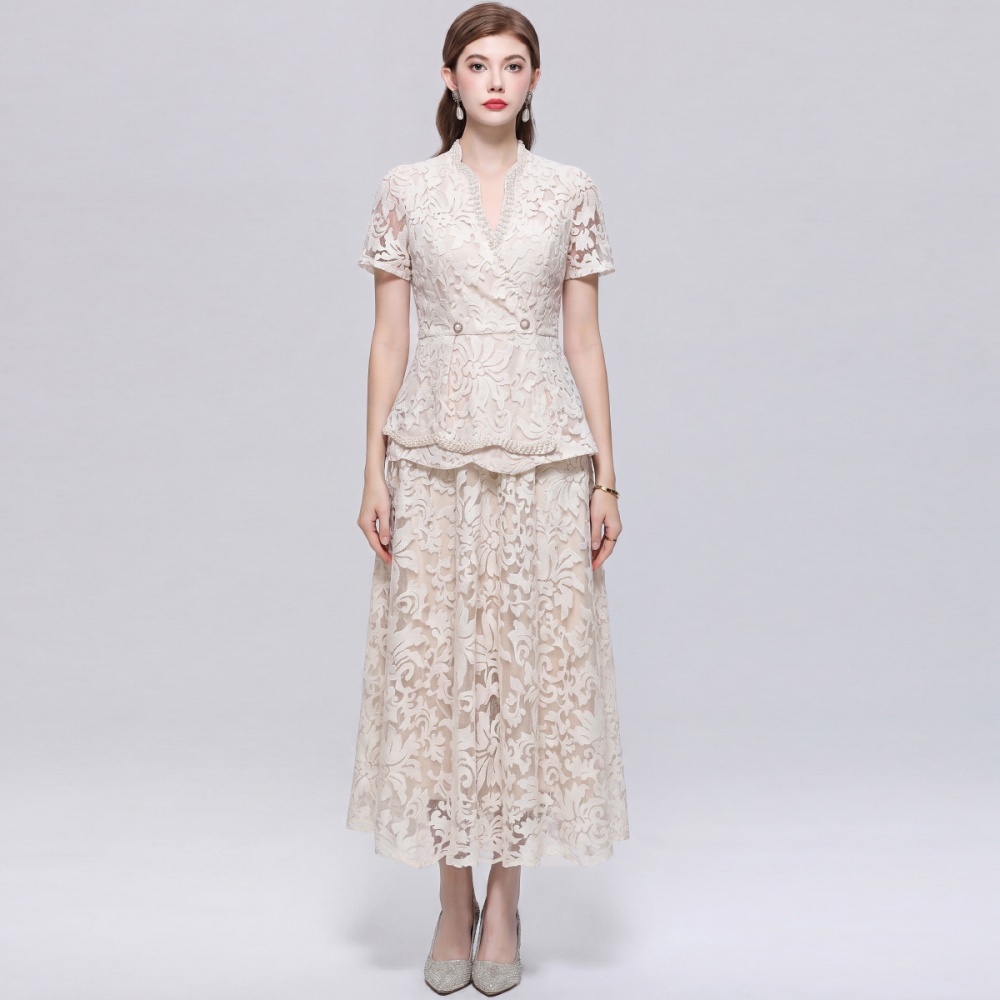Temperament slim V-neck lace short sleeve dress 2pcs set