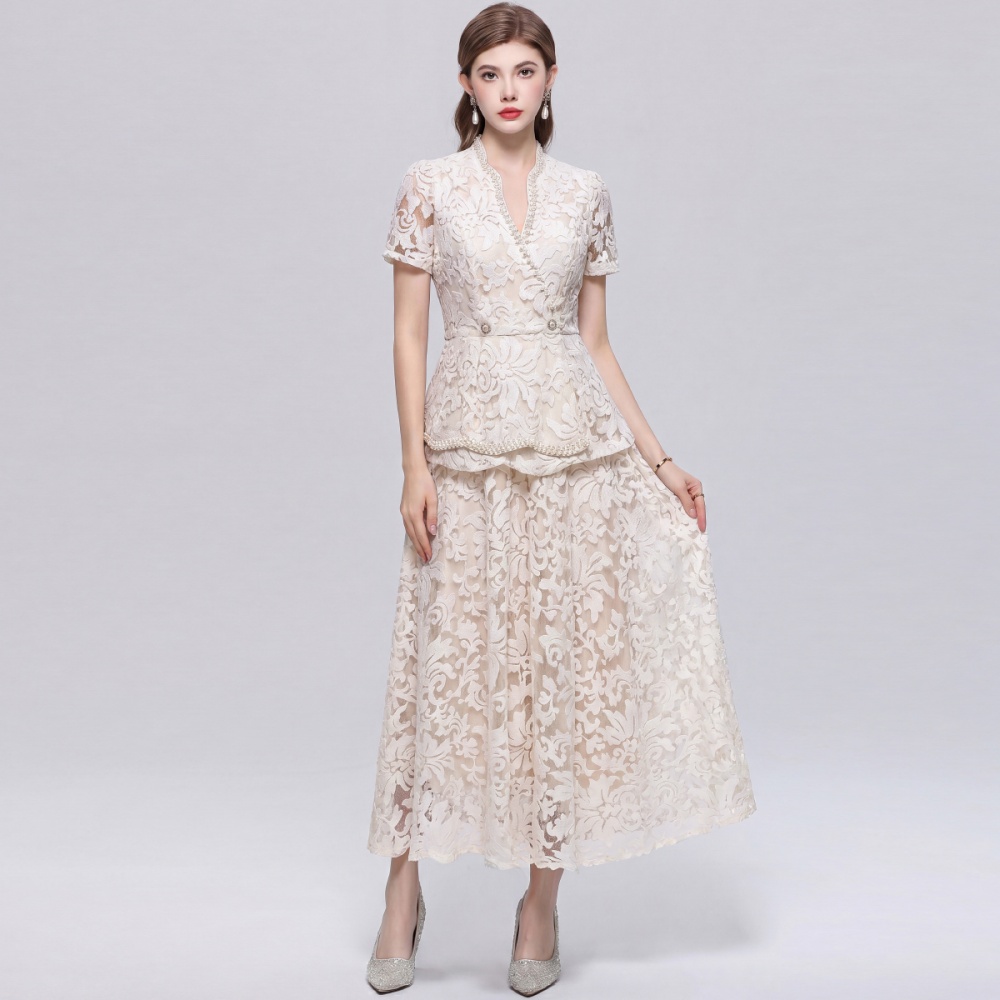 Temperament slim V-neck lace short sleeve dress 2pcs set