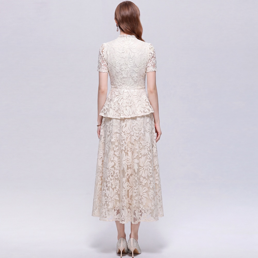 Temperament slim V-neck lace short sleeve dress 2pcs set