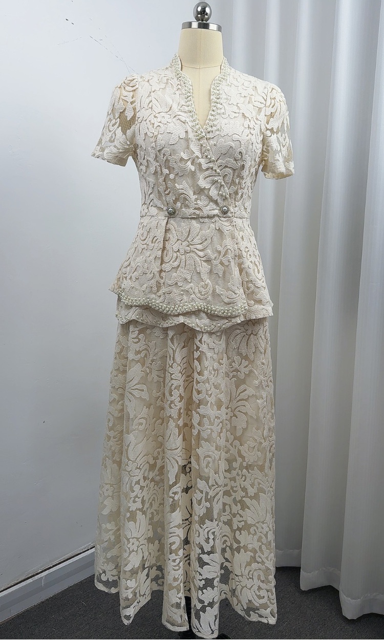 Temperament slim V-neck lace short sleeve dress 2pcs set