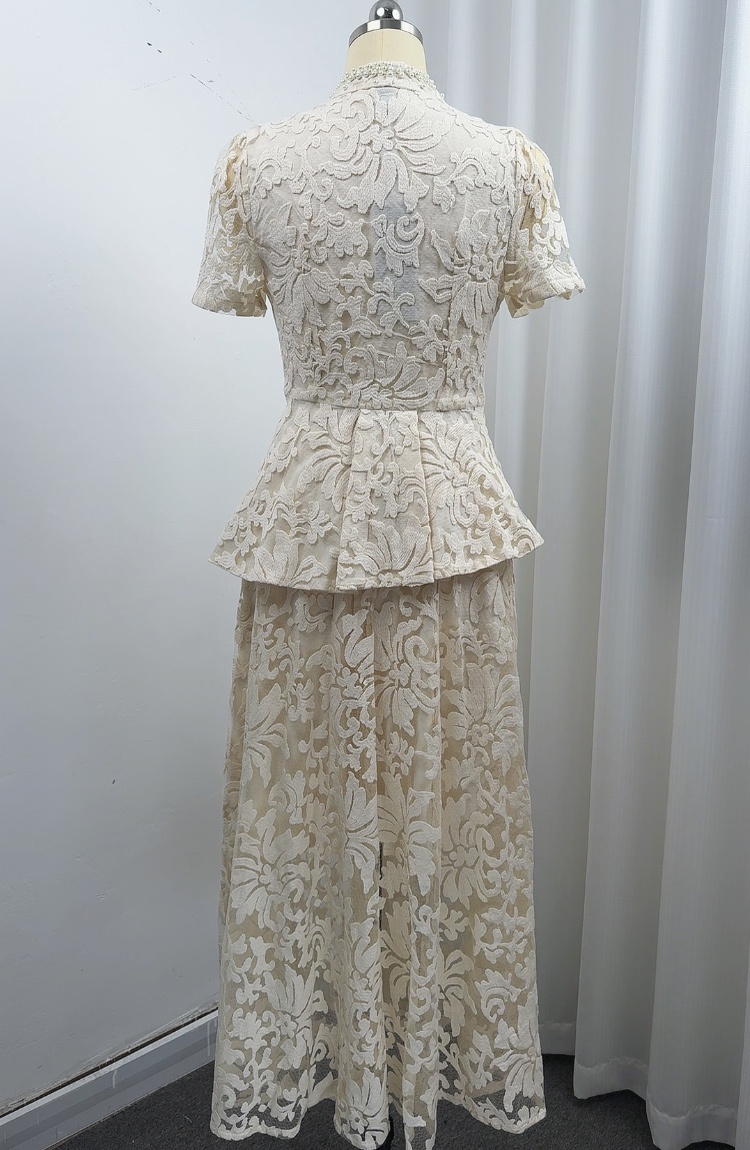 Temperament slim V-neck lace short sleeve dress 2pcs set