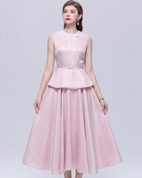 Pinched waist sleeveless long dress lace dress