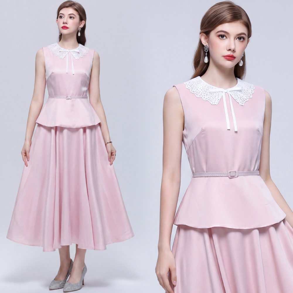 Pinched waist sleeveless long dress lace dress