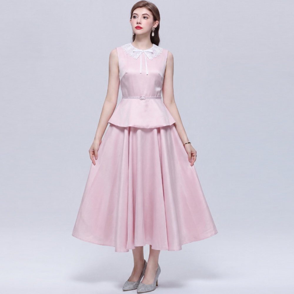 Pinched waist sleeveless long dress lace dress