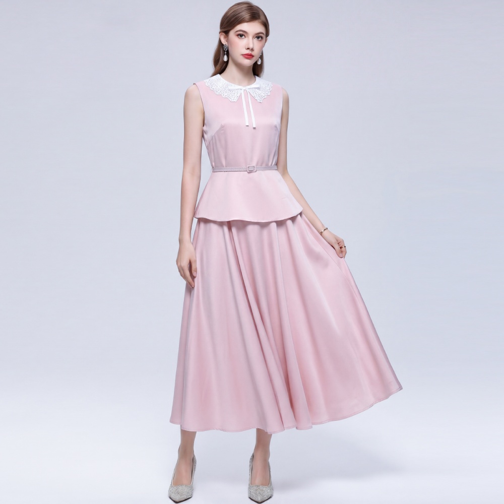 Pinched waist sleeveless long dress lace dress