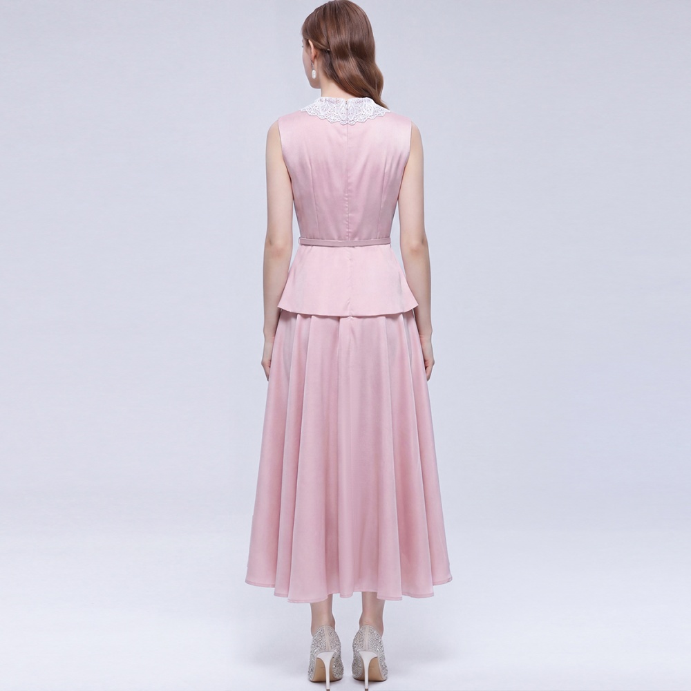 Pinched waist sleeveless long dress lace dress