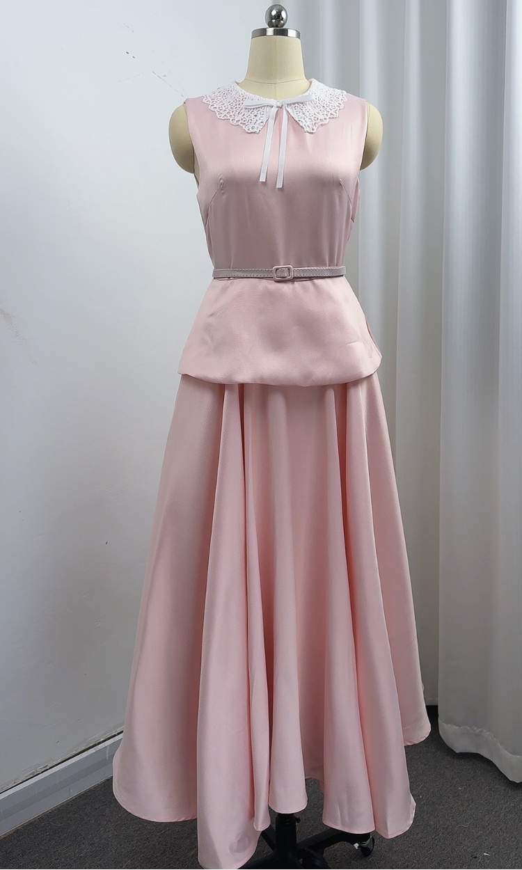 Pinched waist sleeveless long dress lace dress