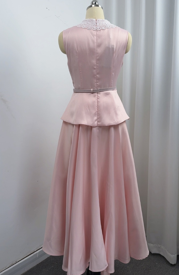 Pinched waist sleeveless long dress lace dress