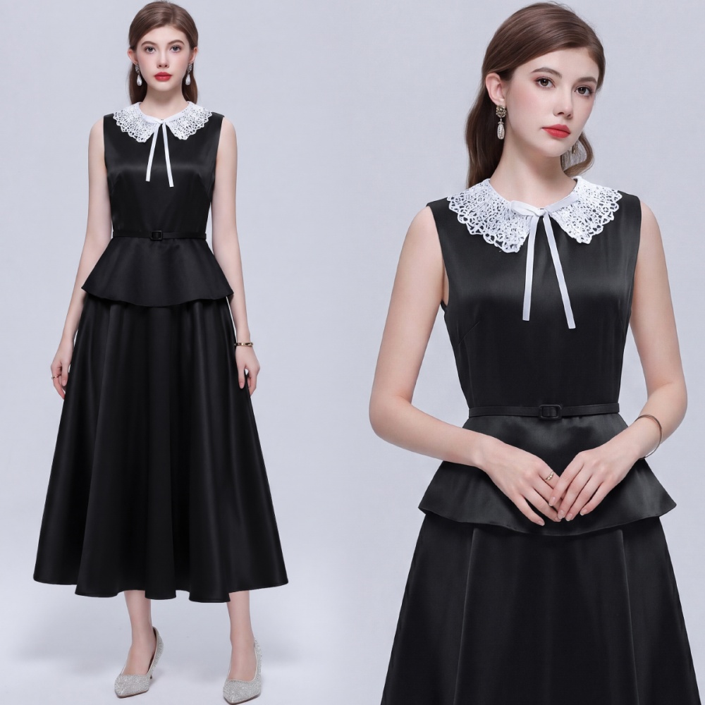 Slim Hepburn style long dress France style with belt dress