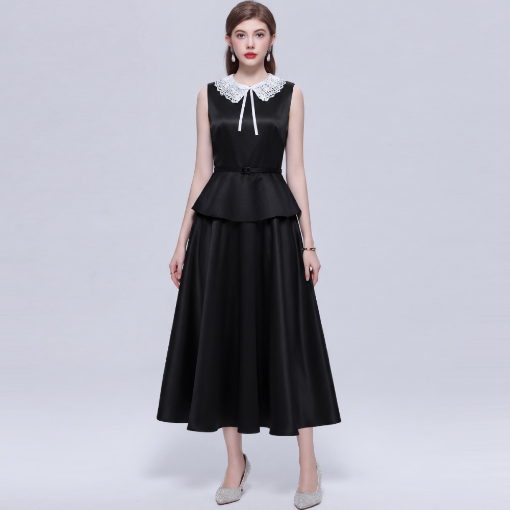 Slim Hepburn style long dress France style with belt dress