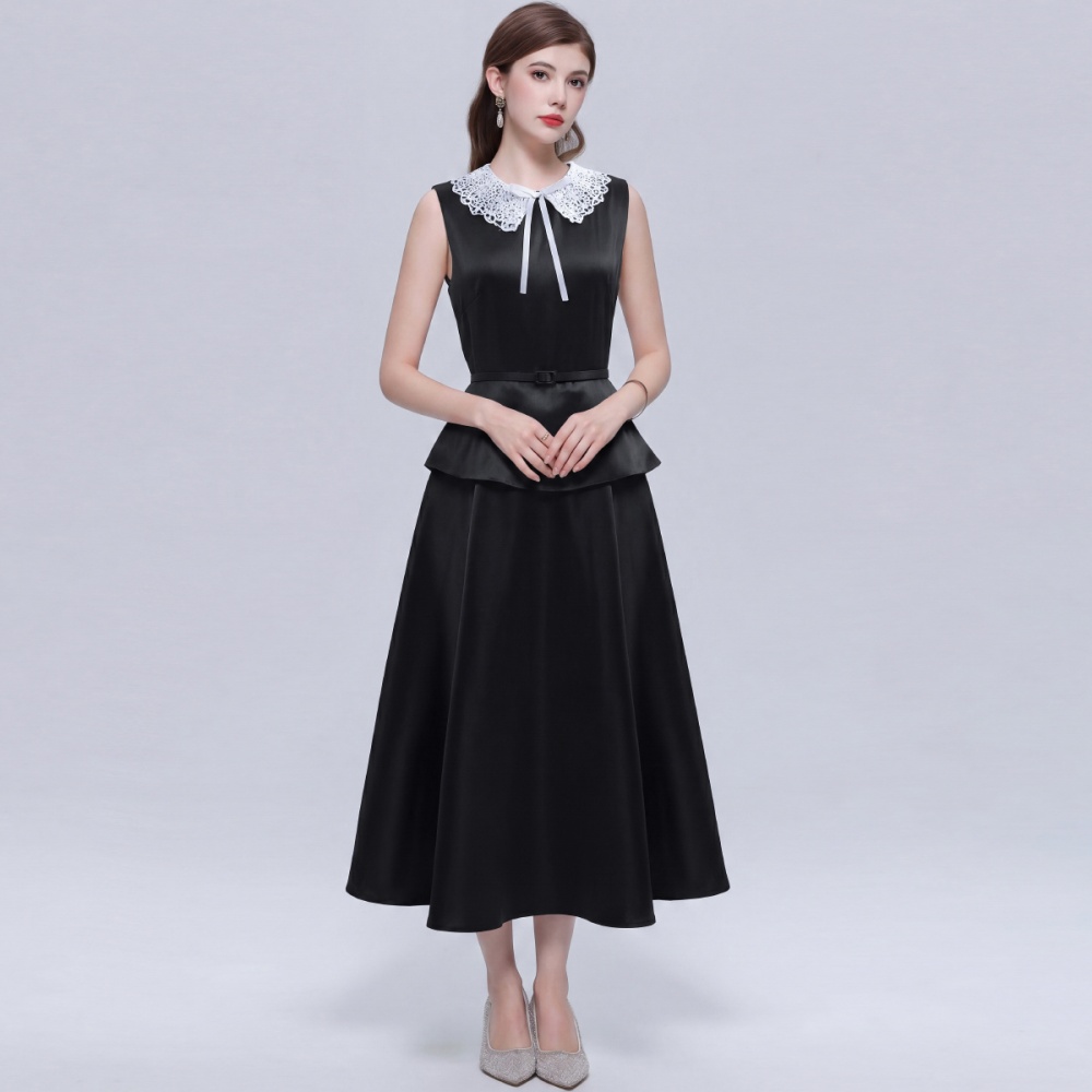 Slim Hepburn style long dress France style with belt dress