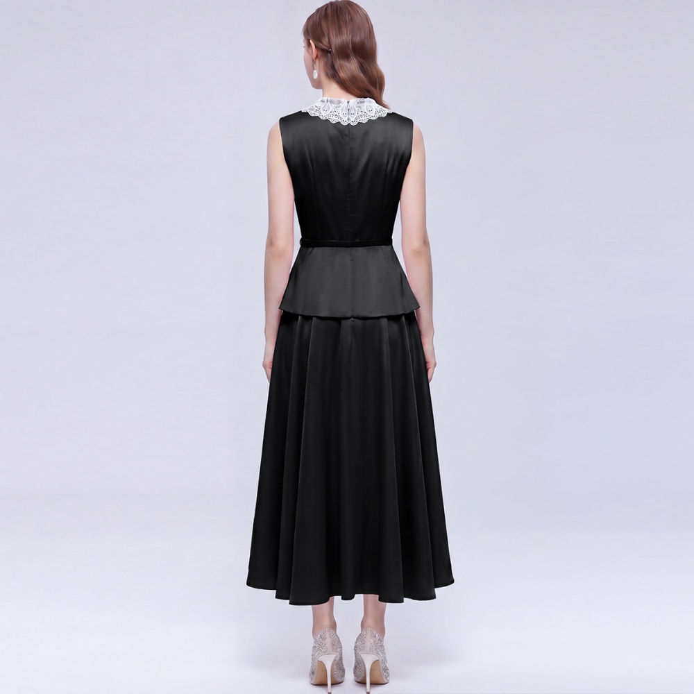 Slim Hepburn style long dress France style with belt dress