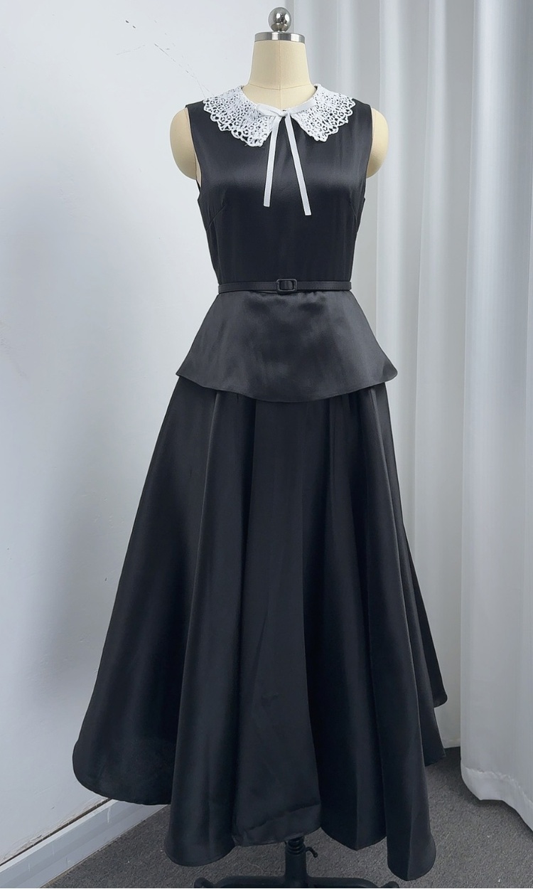 Slim Hepburn style long dress France style with belt dress