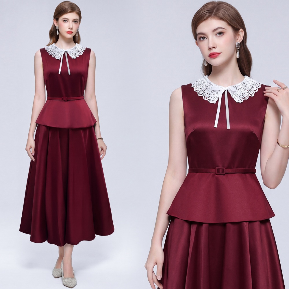Big skirt sleeveless long dress pinched waist dress