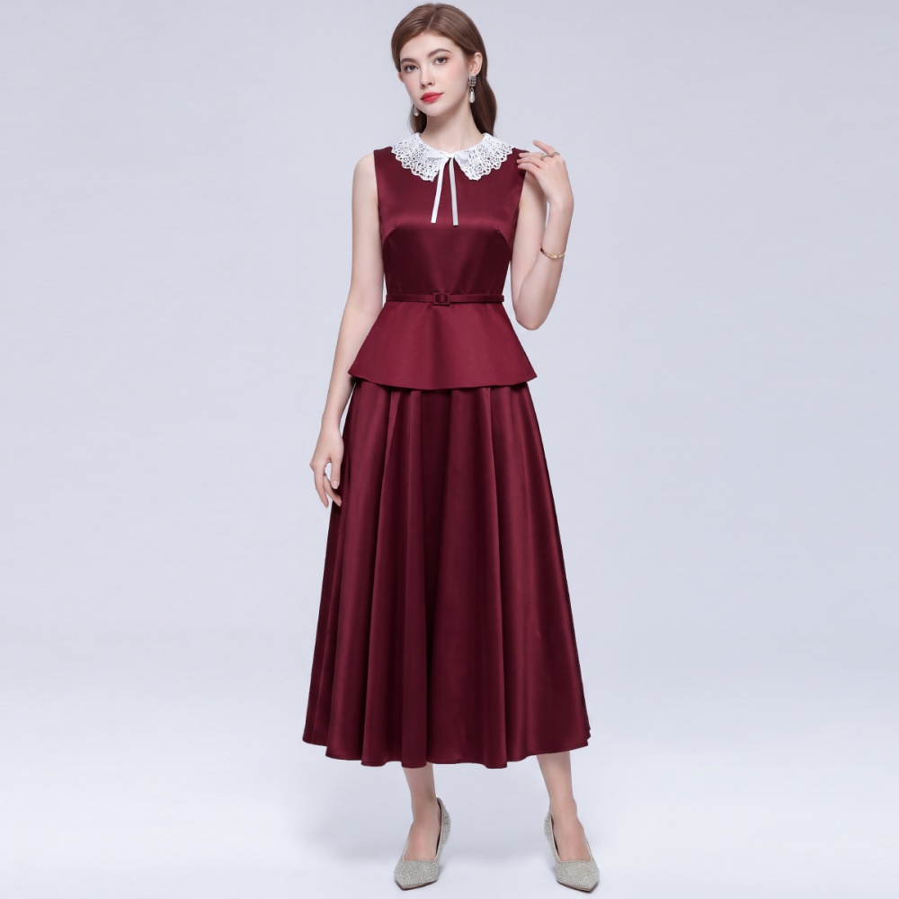 Big skirt sleeveless long dress pinched waist dress