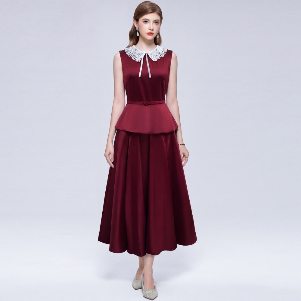 Big skirt sleeveless long dress pinched waist dress