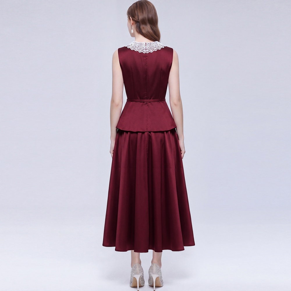 Big skirt sleeveless long dress pinched waist dress