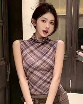 Enticement gauze tops sleeveless half high collar vest