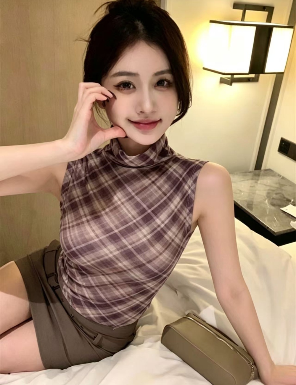 Enticement gauze tops sleeveless half high collar vest