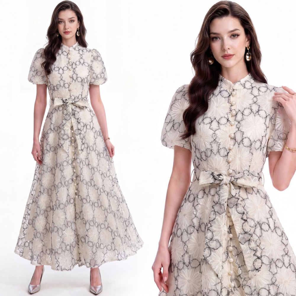 Tender single-breasted cstand collar short sleeve dress