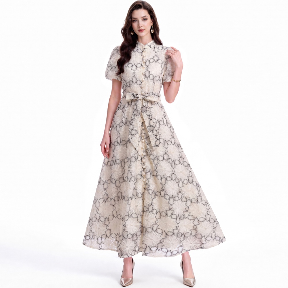 Tender single-breasted cstand collar short sleeve dress