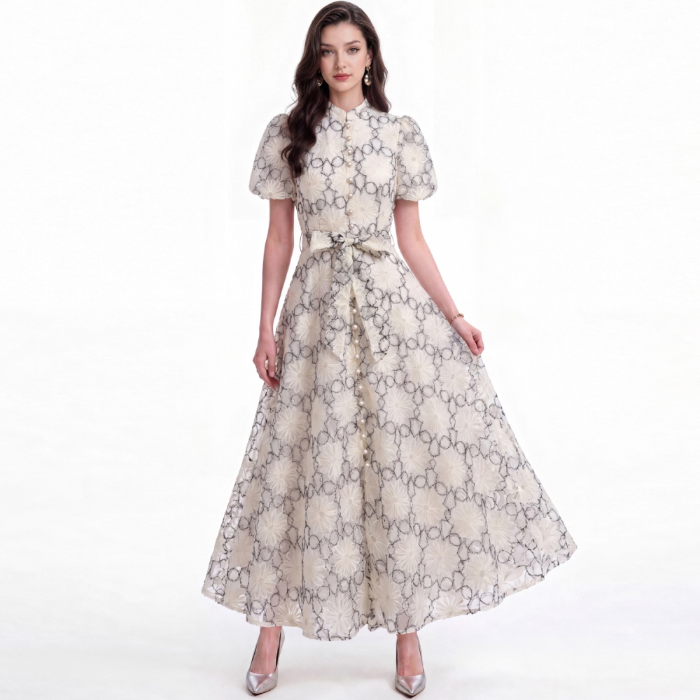 Tender single-breasted cstand collar short sleeve dress