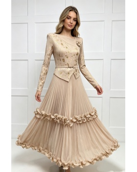 Long sleeve loose slim long dress fold disk flowers dress