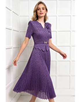 Splice lace long pleated summer slim fold dress