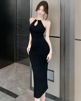 Slim sleeveless hollow metal tight package hip halter dress