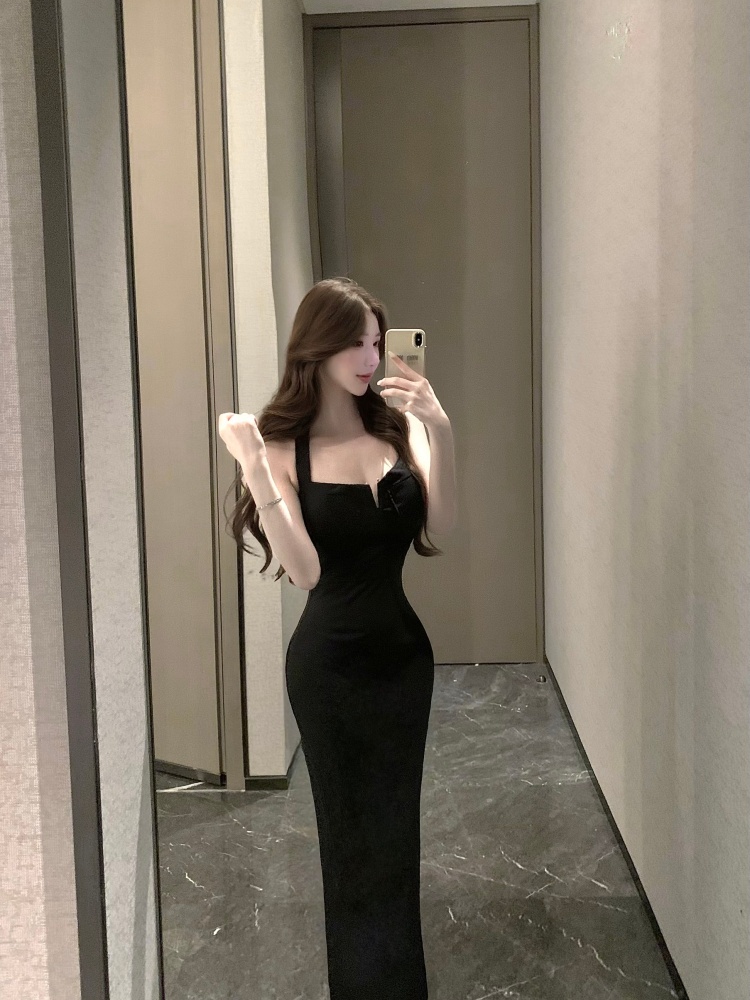 Sling V-neck package hip halter black sexy dress for women