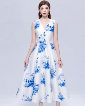 Pinched waist V-neck printing ink retro sleeveless dress