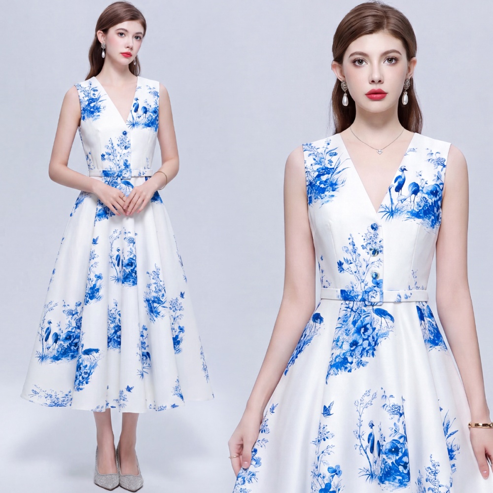 Pinched waist V-neck printing ink retro sleeveless dress