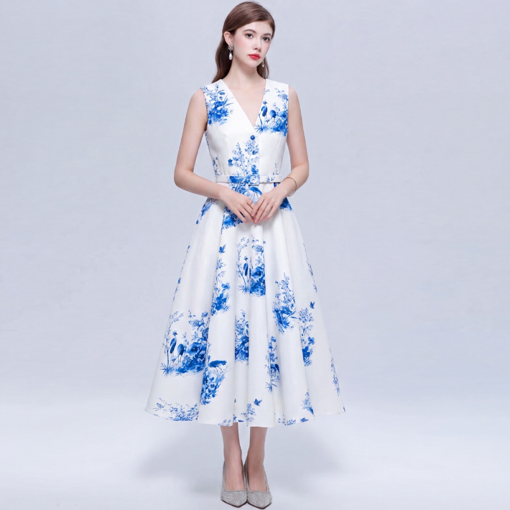 Pinched waist V-neck printing ink retro sleeveless dress