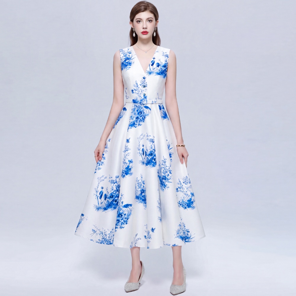 Pinched waist V-neck printing ink retro sleeveless dress