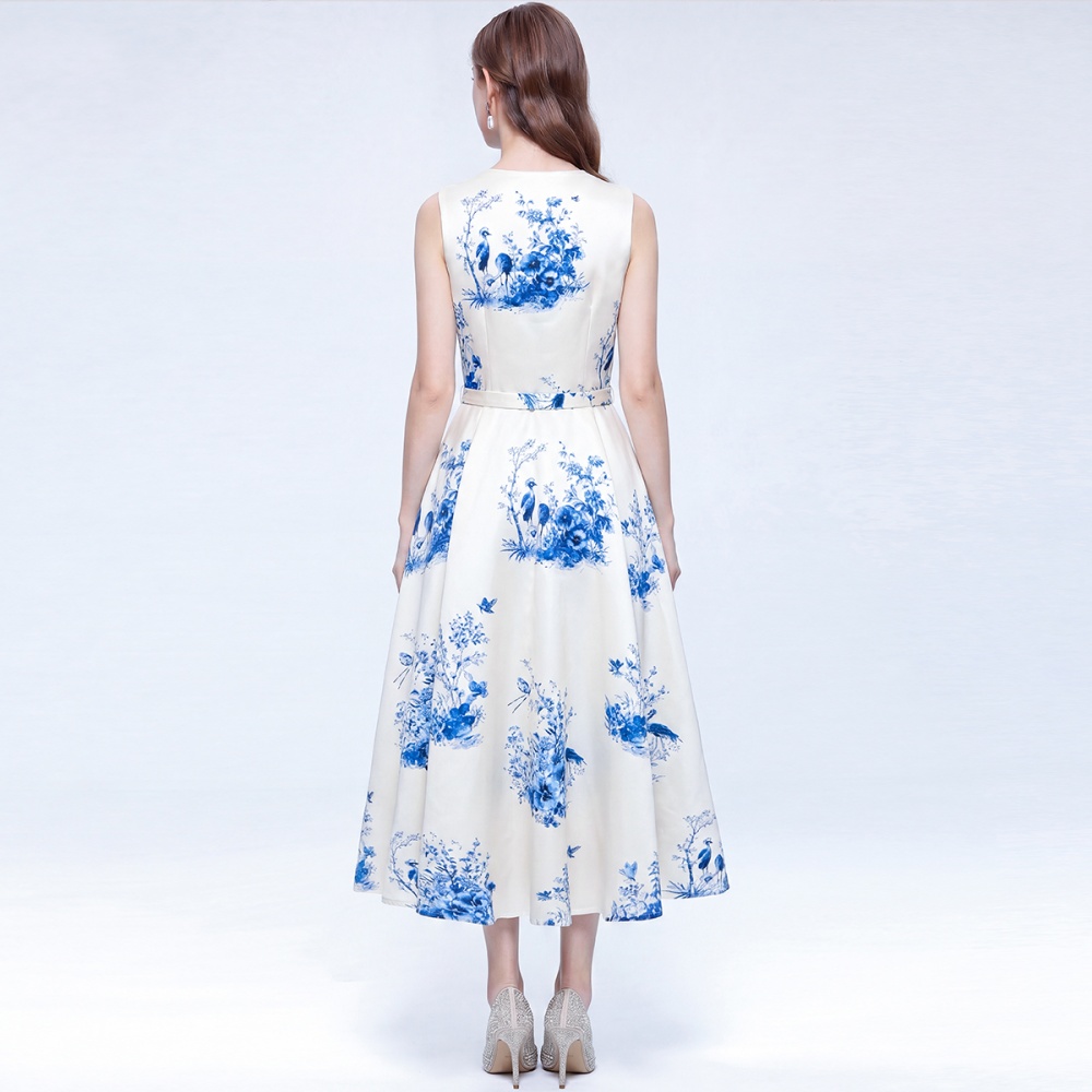 Pinched waist V-neck printing ink retro sleeveless dress
