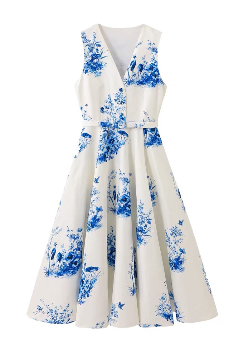 Pinched waist V-neck printing ink retro sleeveless dress