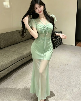 Gauze V-neck formal dress short sleeve enticement dress