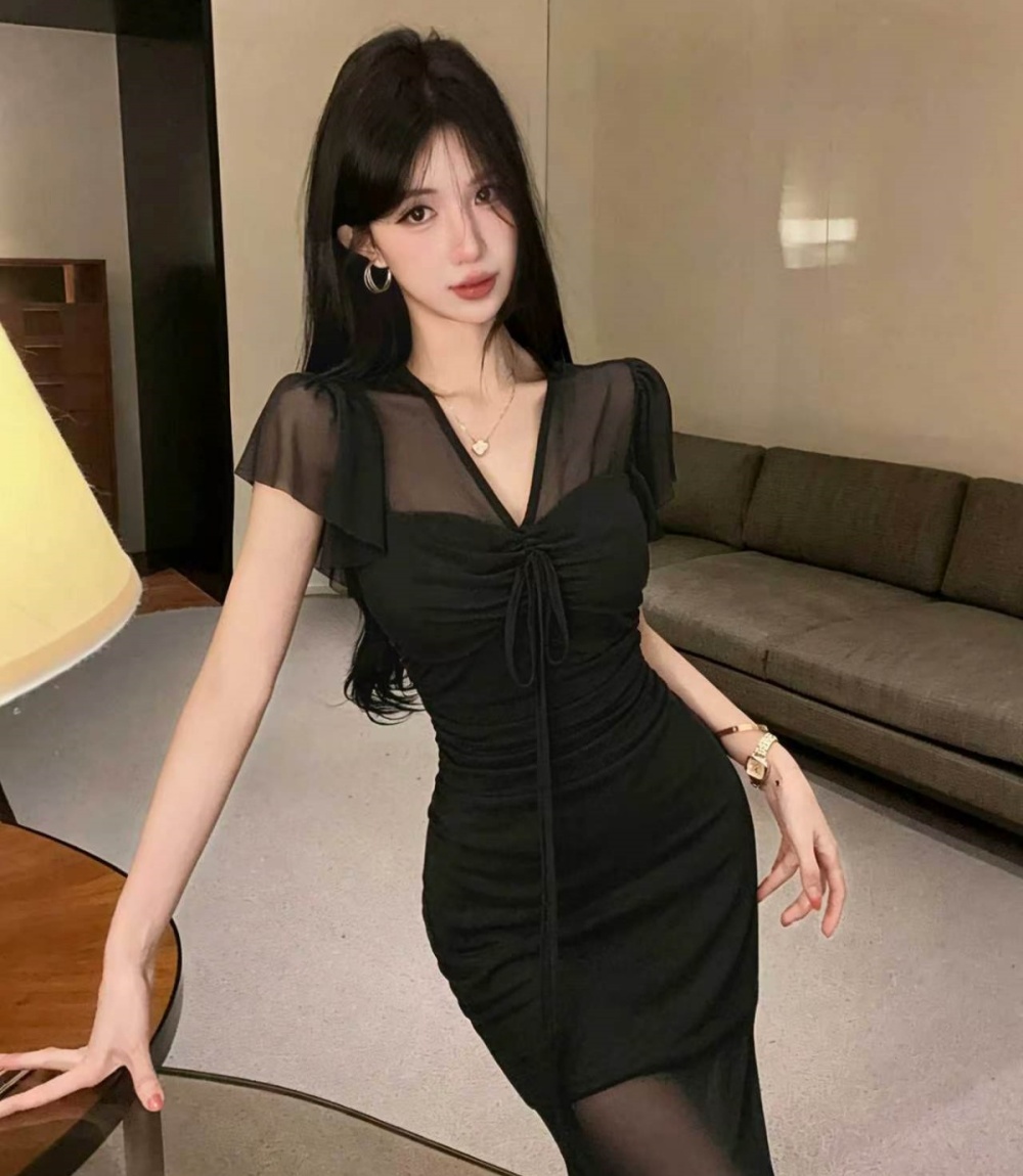 Gauze V-neck formal dress short sleeve enticement dress