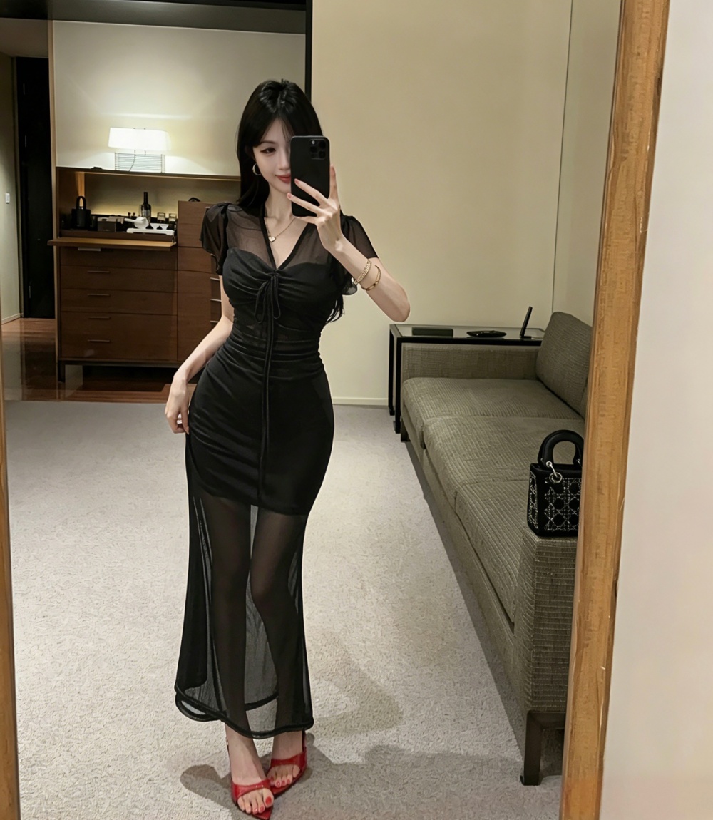 Gauze V-neck formal dress short sleeve enticement dress