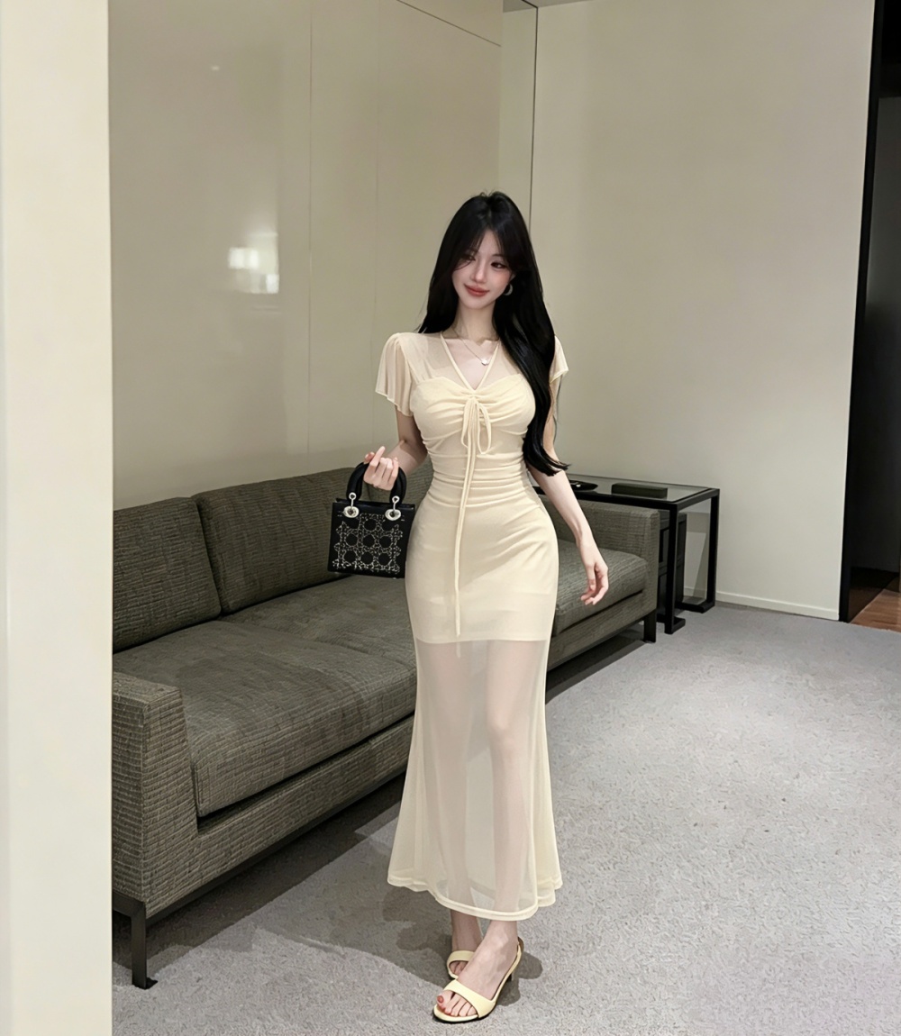 Gauze V-neck formal dress short sleeve enticement dress