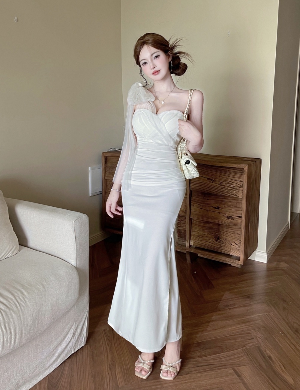 Light temperament long fold gauze dress for women