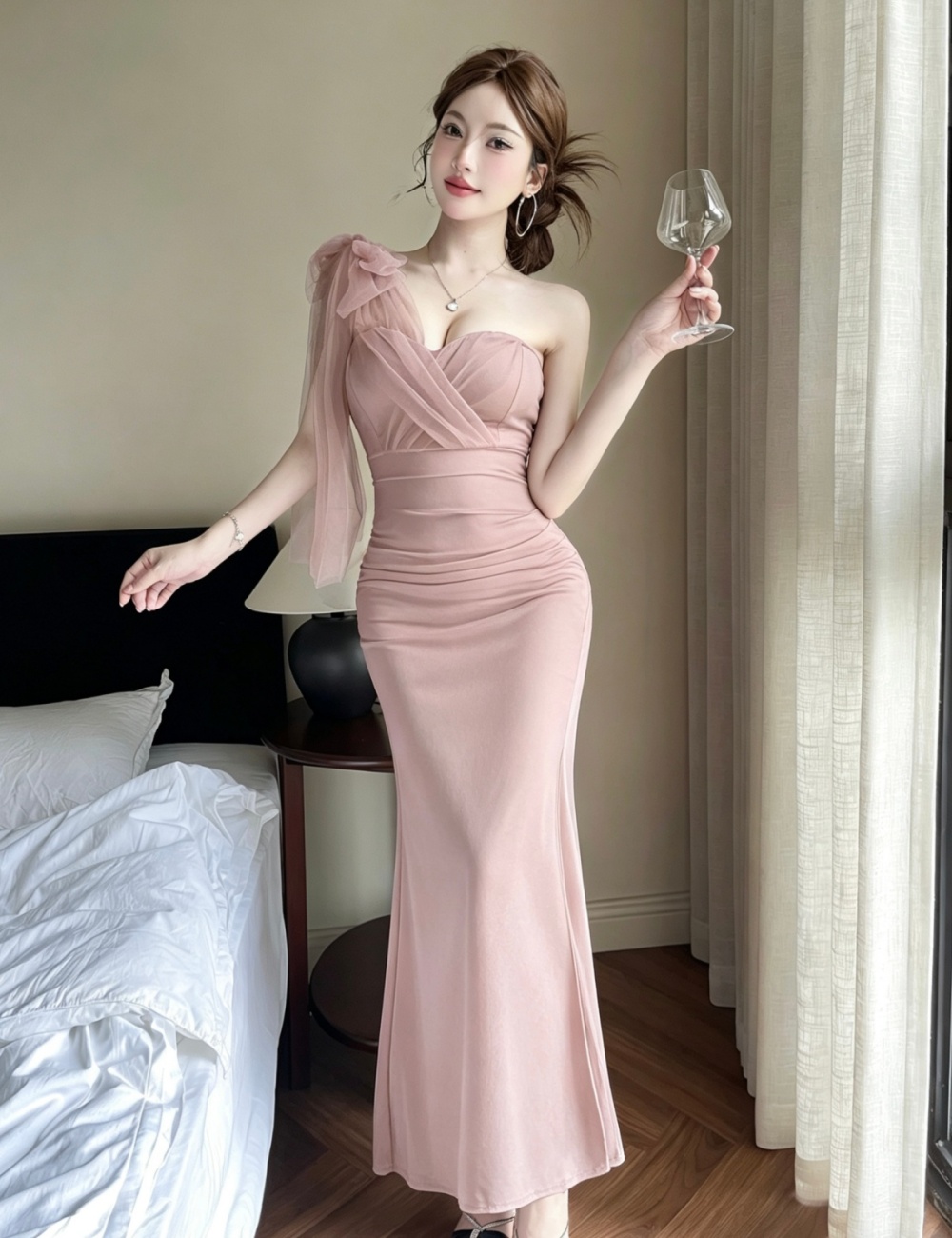 Light temperament long fold gauze dress for women