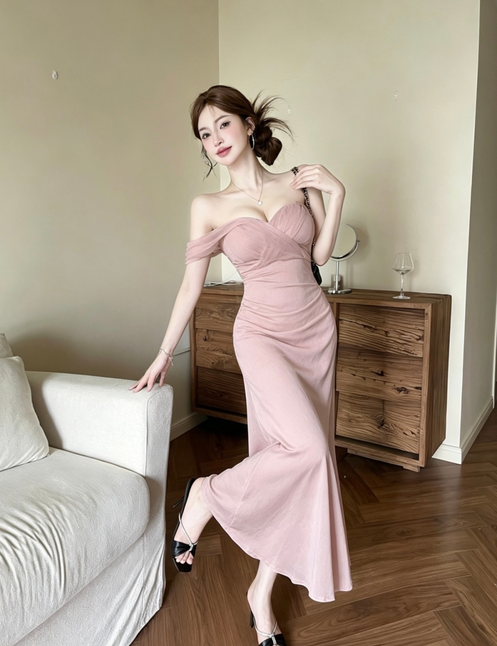 Light temperament long fold gauze dress for women