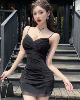 Low-cut slim gauze bottoming sexy fold package hip dress