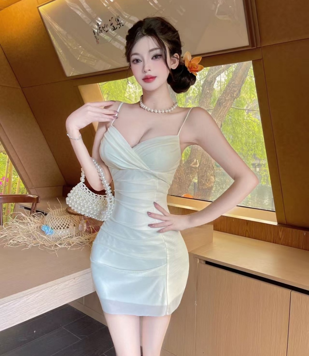 Low-cut slim gauze bottoming sexy fold package hip dress