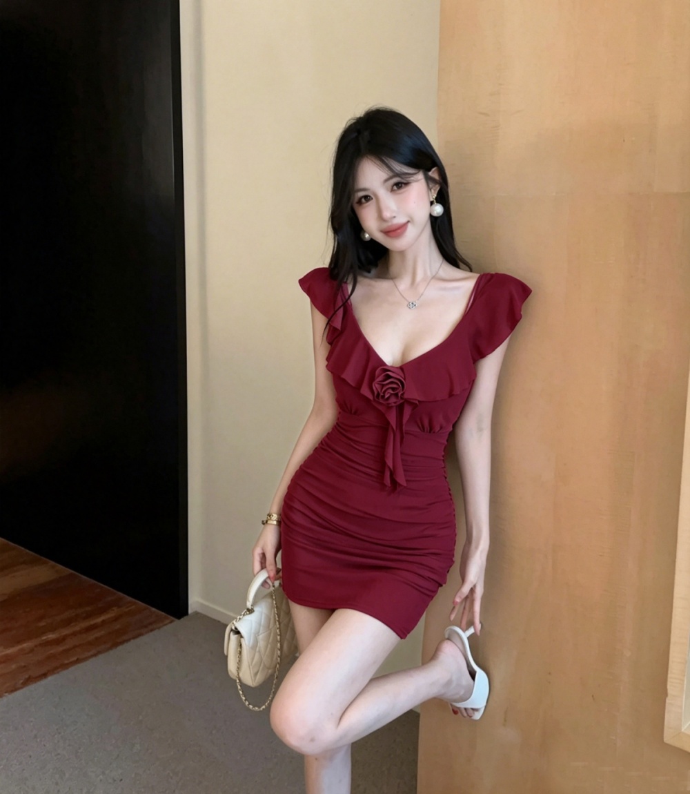 Sexy flowers France style sling frenum V-neck dress