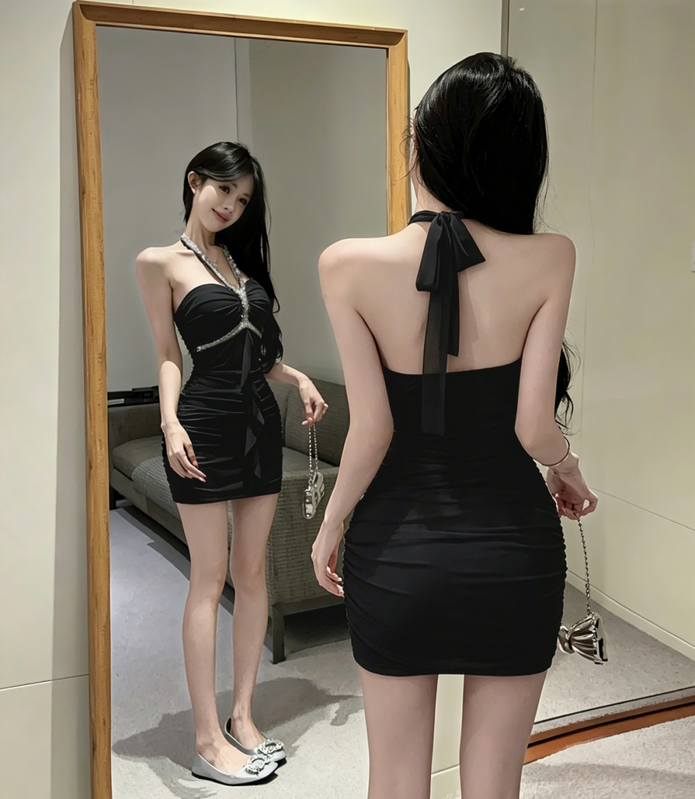 Rhinestone package hip fold strap dress sexy short gauze dress